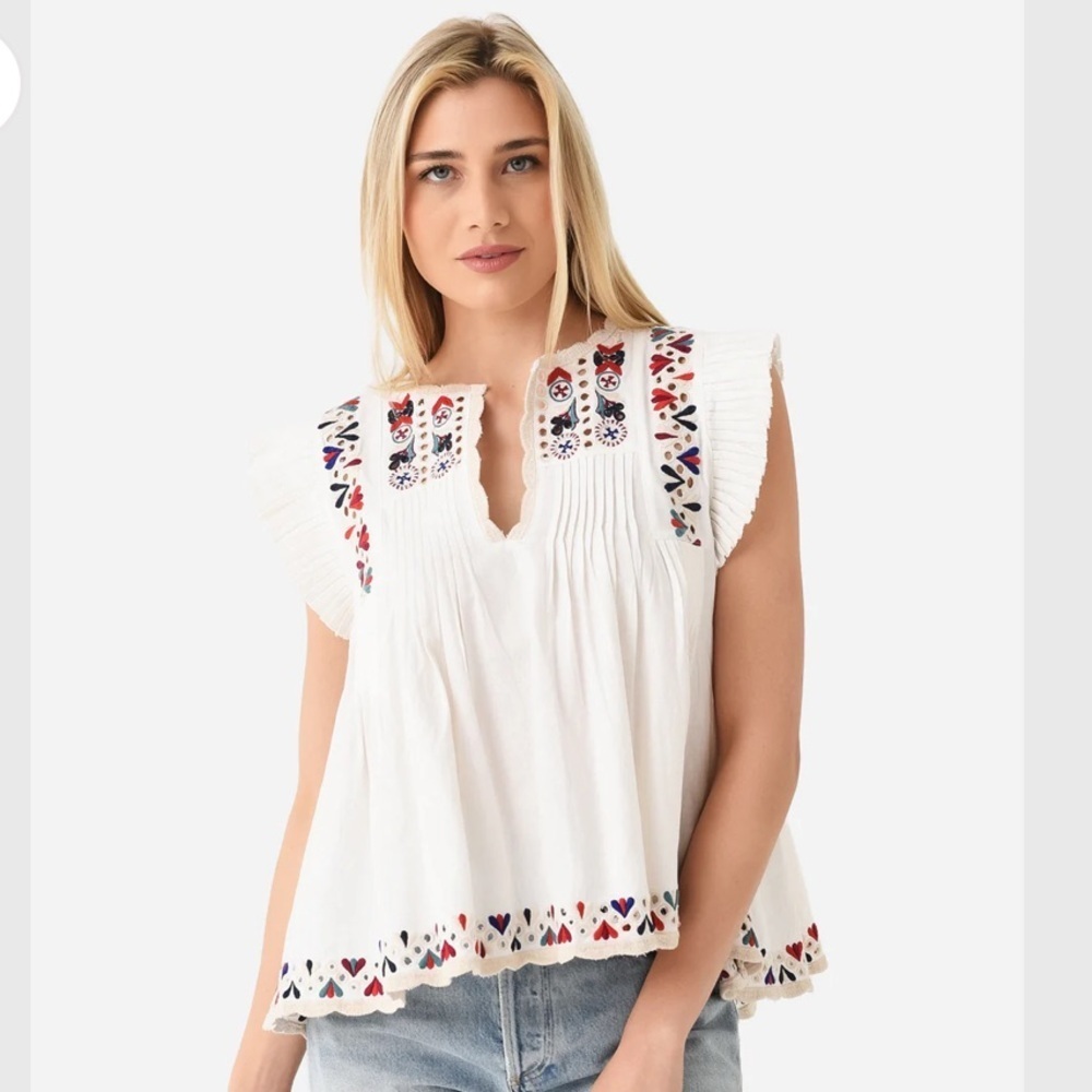 NWT Sea New York Alicia Embroidered Flutter Sleeve Cotton Linen Top Cream L
